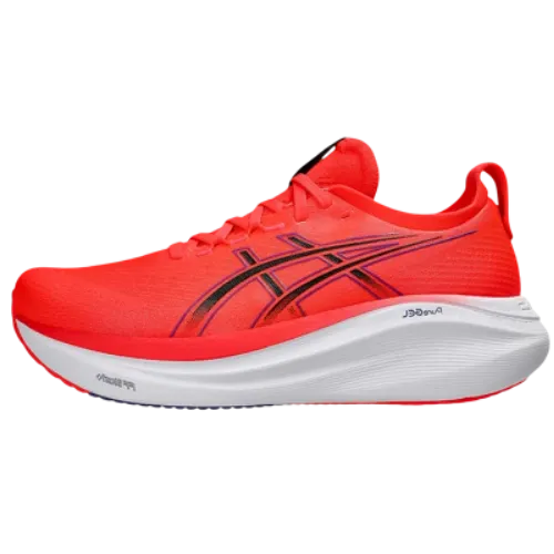 ASICS Gel-Nimbus 27 Flash Red Black, zijaanzicht loopschoen in helder rood met zwarte stiksels en witte zool