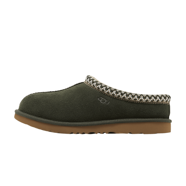 UGG Tasman II Slipper Forest Night Kids, zijaanzicht met suède bovenwerk, gebreide kraag en bruine rubberzoal