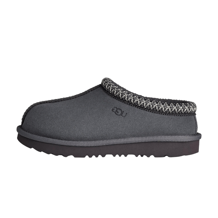 UGG Tasman II Slipper Obsidian Kids, zijaanzicht met grijze suède, gevlochten kraag en zwarte zool