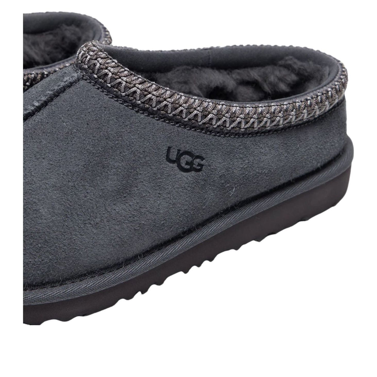 UGG Tasman II Slipper Obsidian Kids, detailfoto van kraag met grijze stof en gebreide band