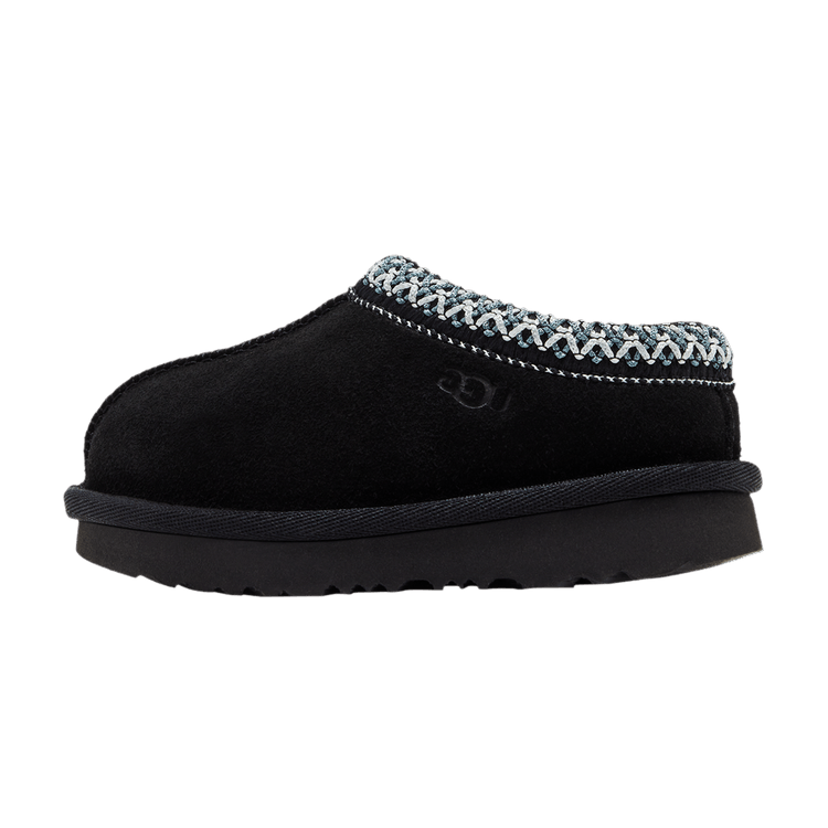 UGG Tasman 2 Slipper Toddlers 'Black', zijaanzicht met zwart suède en gebreide kraag met wit patroon