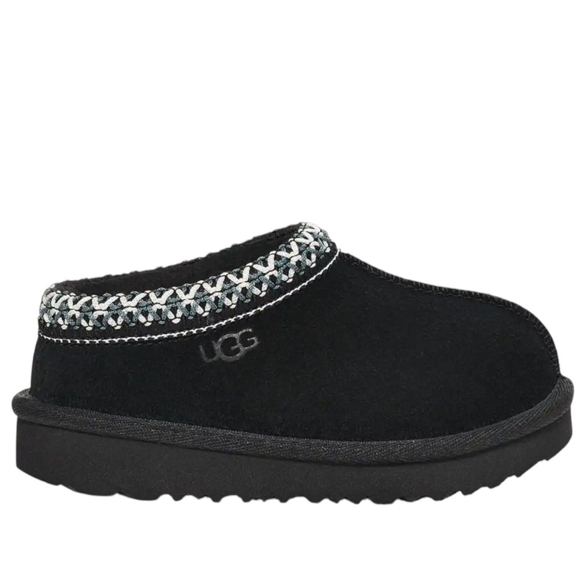 UGG Tasman 2 Slipper Toddlers 'Black', zijaanzicht met gebreide boord en zwart suède materiaal