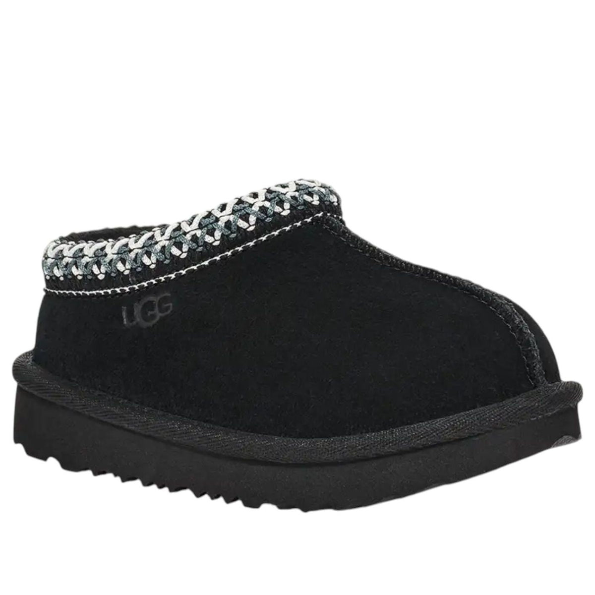 UGG Tasman 2 Slipper Toddlers 'Black', driekwart aanzicht met UGG-logo zichtbaar op de schacht