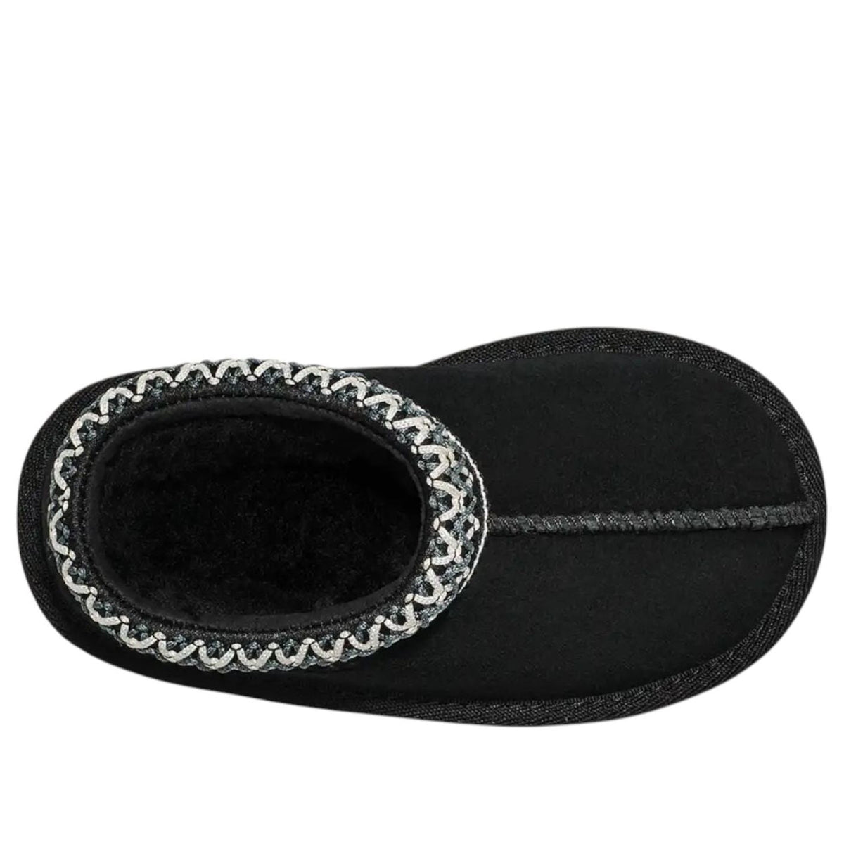 UGG Tasman 2 Slipper Toddlers 'Black', bovenaanzicht zool met gebreide kraagrand en opening