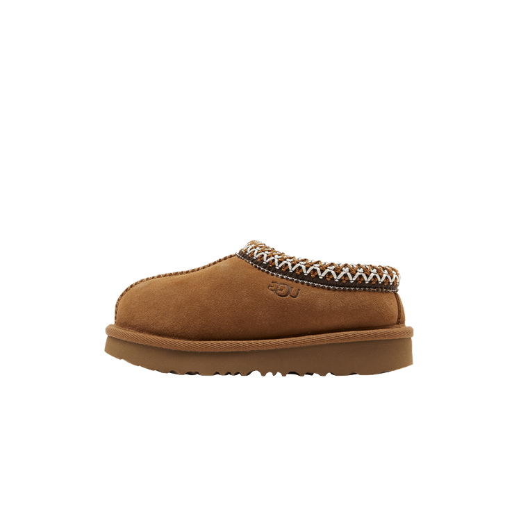 UGG Tasman II Slipper Chestnut, zijaanzicht met kastanjebruine suède, contrasterende breiwerk rand en dikke zool