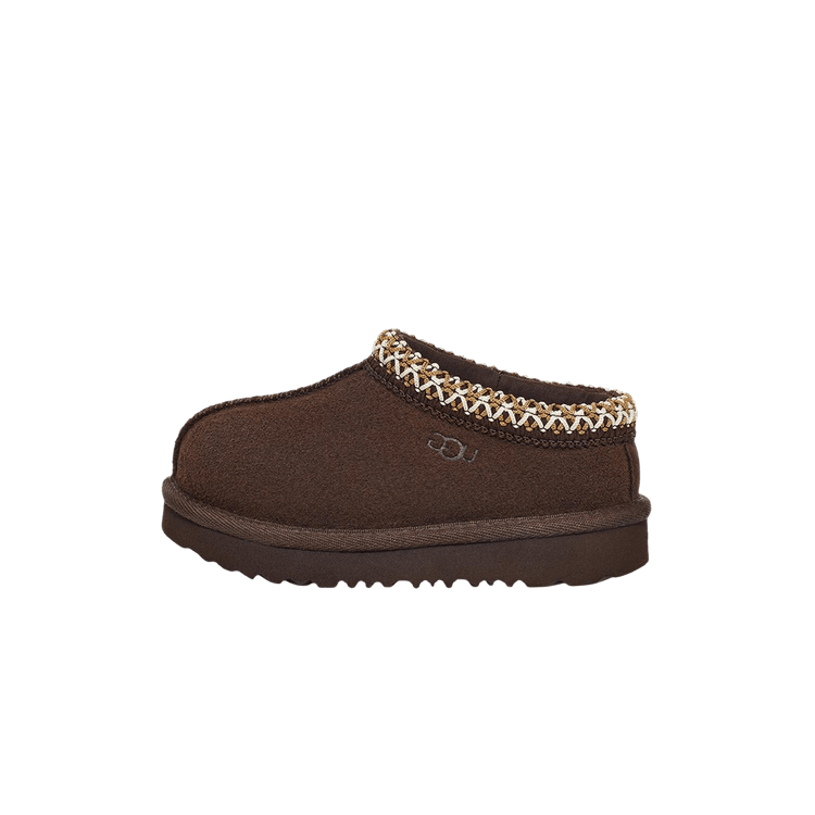 UGG Tasman II Slipper Dusted Cocoa zijaanzicht, suèdeleer in bruin met contrasterende gebreide kraag, dikke zool