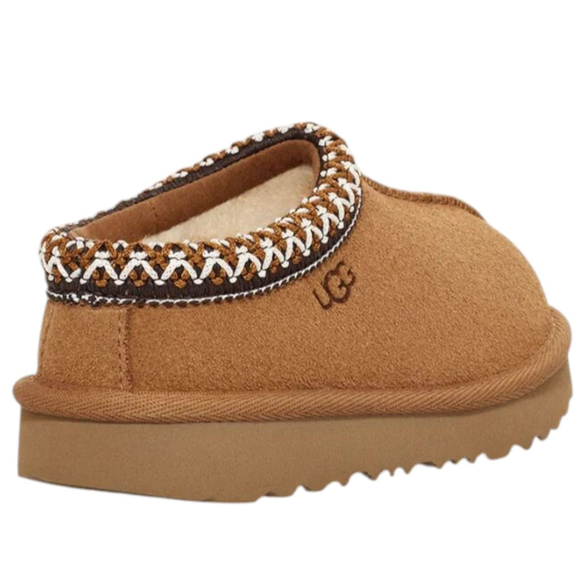 UGG Tasman II Slipper Chestnut, achteraanzicht met gekreukeld suède, crèmekleurig voering en textuur zool