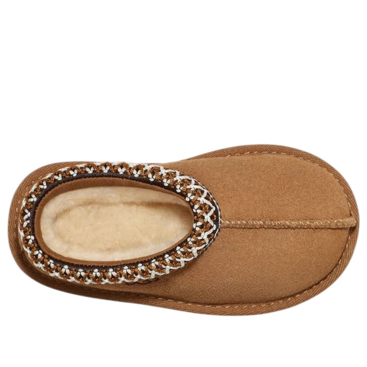 UGG Tasman II Slipper Chestnut, bovenaanzicht met open opening, wollen voering en zichtbare naadwerk