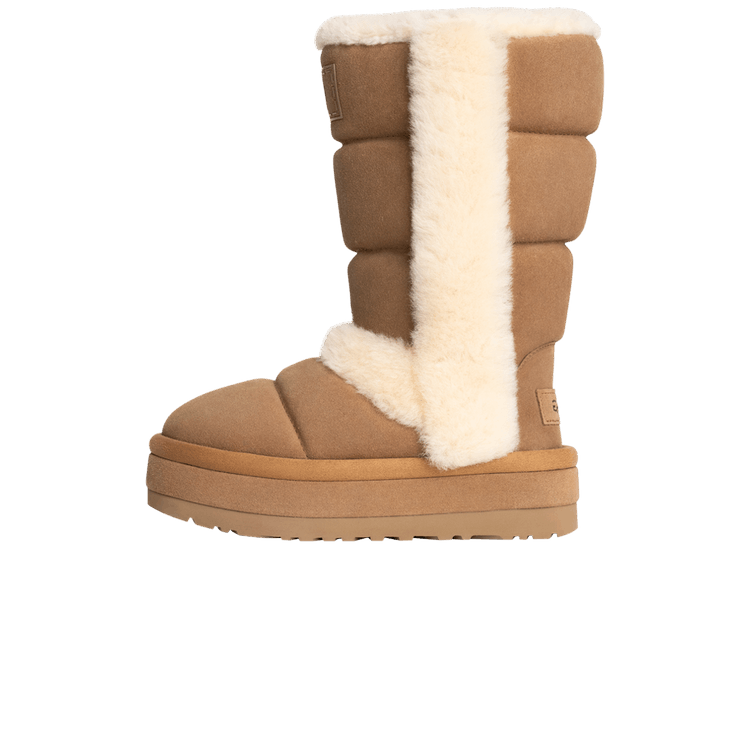 UGG Classic Chillapeak Boot Tall Chestnut, zijaanzicht met puffervoering in kastanjebruin en crèmekleurig sherpa voering