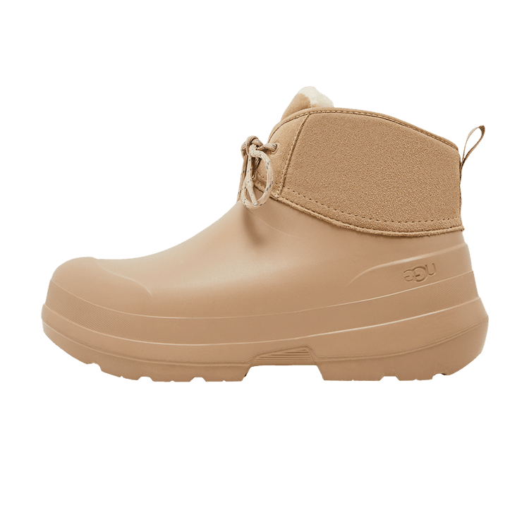 UGG Tasman X Lace Slipper Mustard Seed, zijaanzicht, beige rubber zool met veluors bovenwerk en vetersluiting