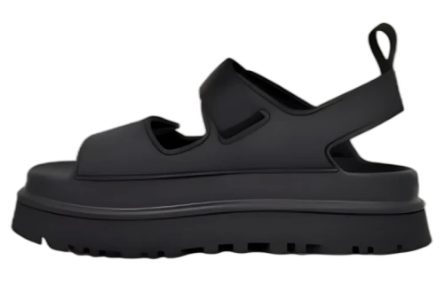 UGG GoldenGlow Black sandaal, zijaanzicht met gesloten neus, zwart materiaal en dik platform met groefpatroon