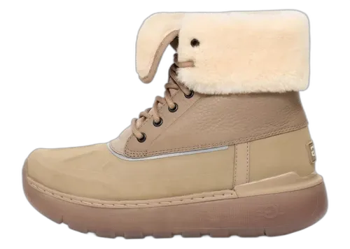 UGG City Butte Weather Boot Dune, vooraanzicht van beige laarzen met wollenschaft en vetersluiting