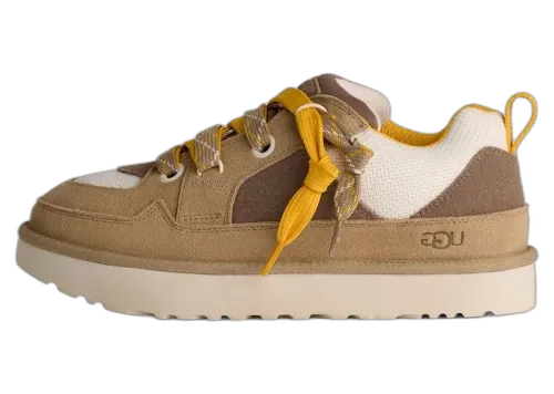 UGG Lowmel Lo Mustard Seed Summer Wheat sneaker, zijaanzicht met kleurvlakken in beige, bruin en wit, chunky zool