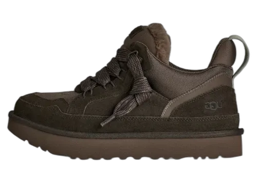 UGG Lowmel Dense Smoke Artichoke zijaanzicht, bruingrijs suède met textieldetails en stevig zoolprofiel