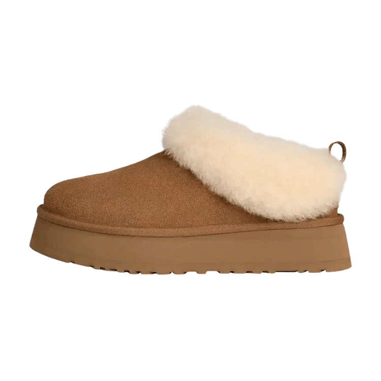 UGG Tazzelle Slipper Chestnut, zijaanzicht met bruine suède schacht, witte fleece voering en platform zool
