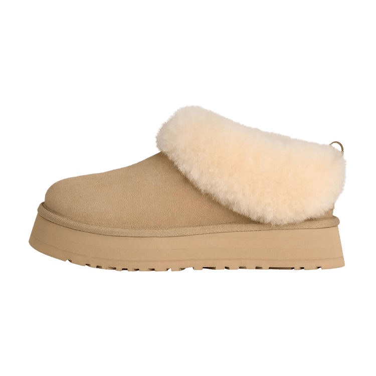 UGG Tazzelle Slipper Mustard Seed, zijaanzicht met crèmekleurige wollen kraag en beige suèdelook upper op platformzool