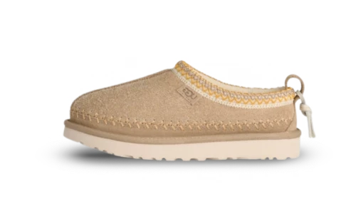 UGG Tasman Biarritz Slipper Mustard Seed, zijaanzicht met gebreide kraag en creamkleurige zool