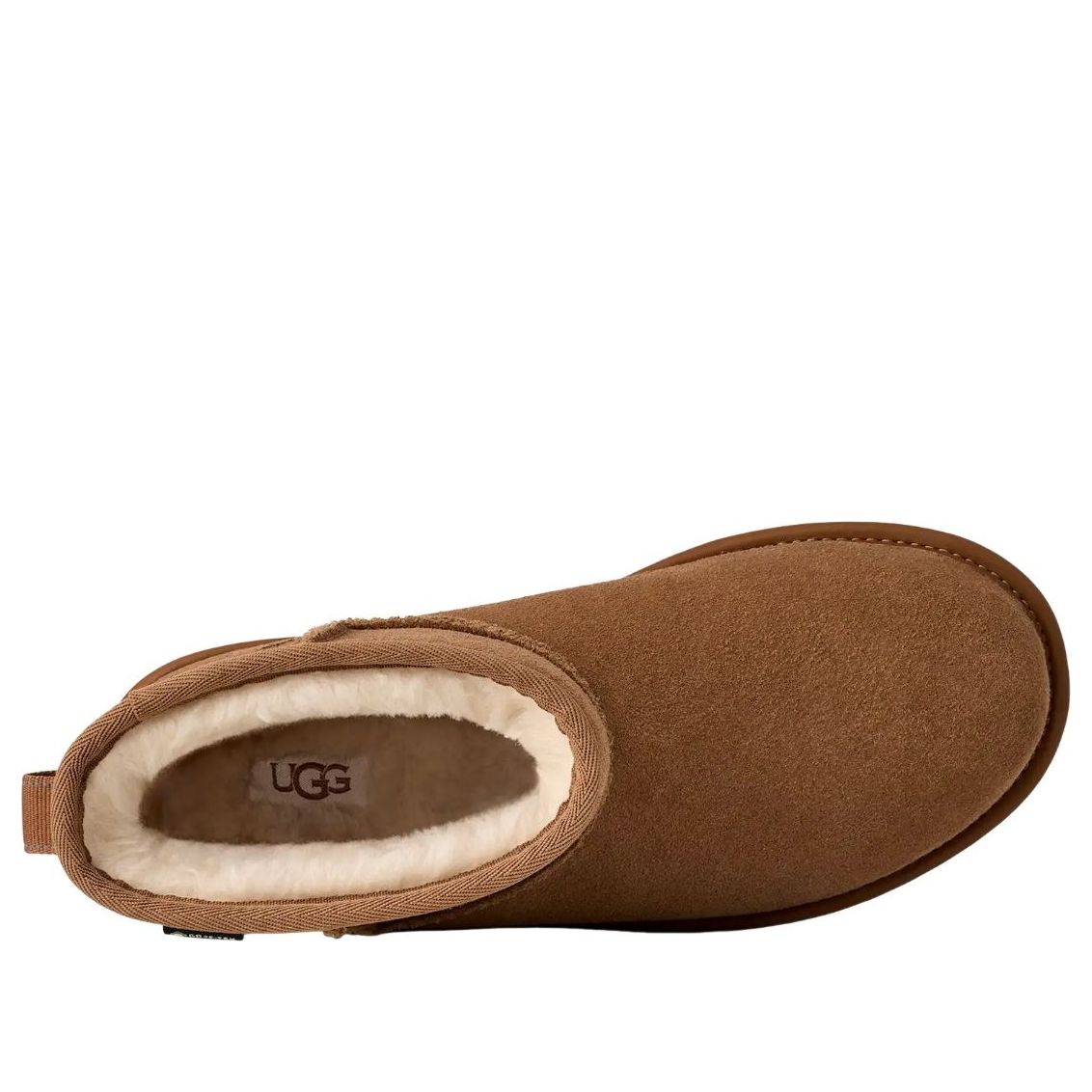 UGG Classic Mini GTX Boot Chestnut, bovenaanzicht opengevouwen met crèmekleurig wollen voering en UGG-logo