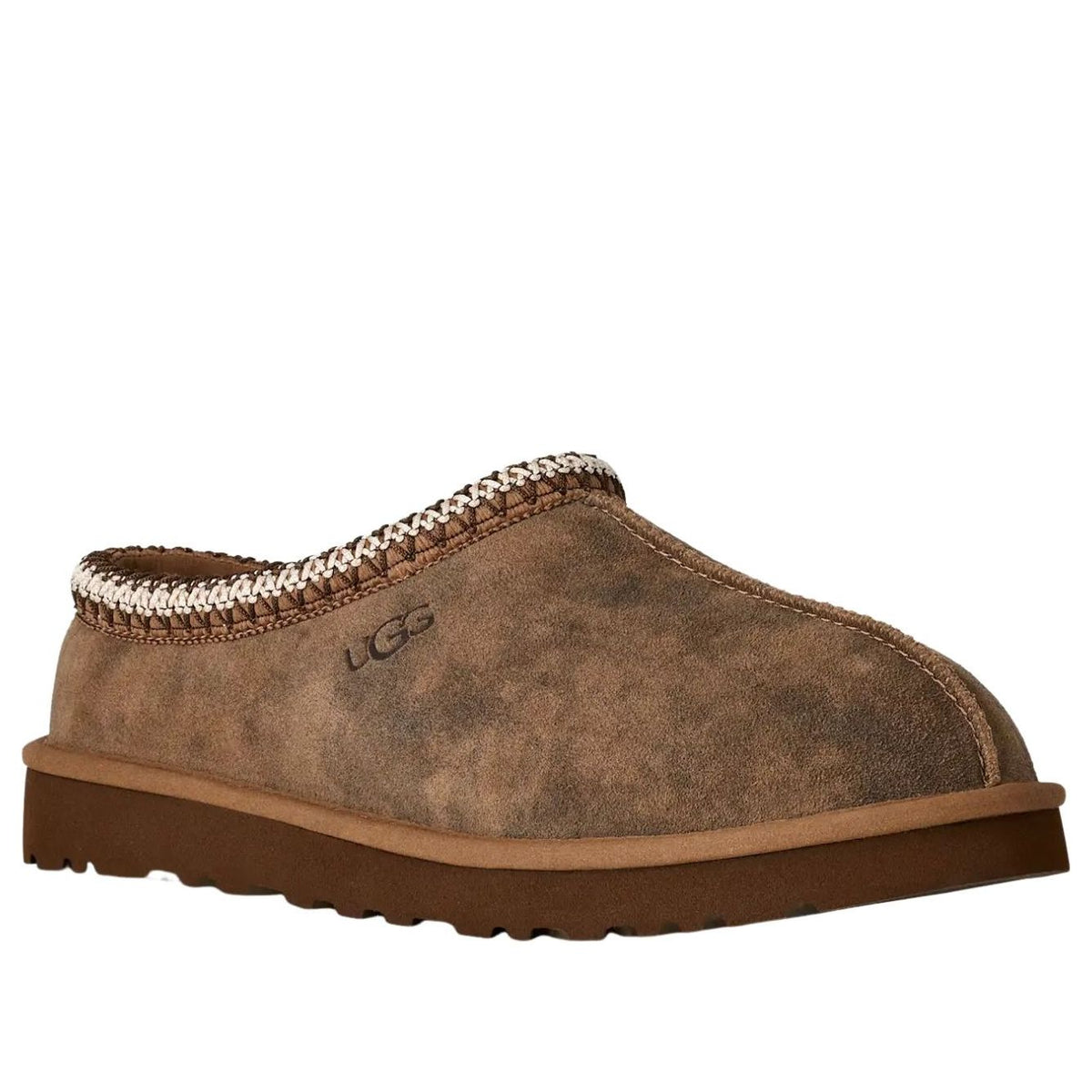 UGG Tasman Baxter Slipper Chestnut, vooraanzicht met contrast gebreid detail en logo