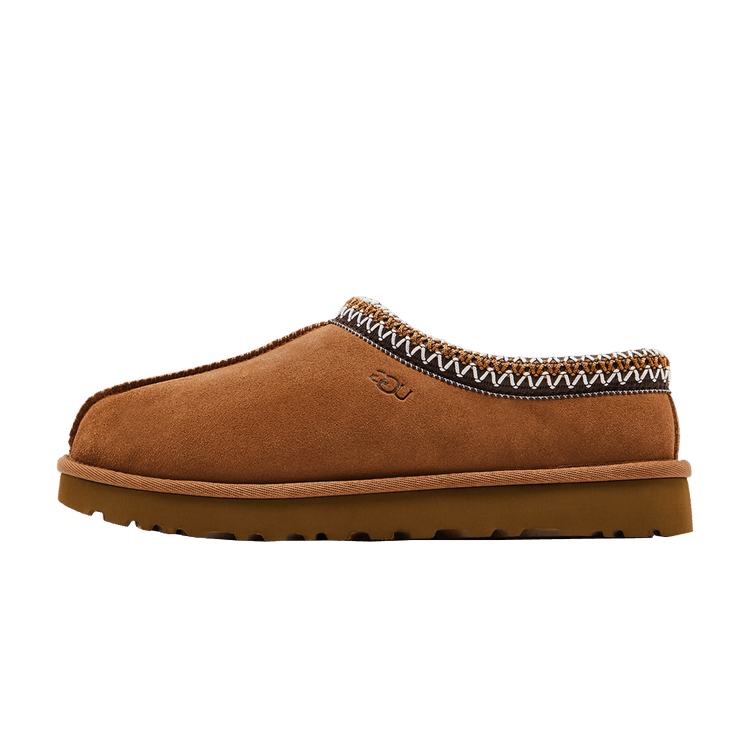UGG Tasman II Slipper Chestnut zijaanzicht, suède voering met contraststriksels en rubberzool