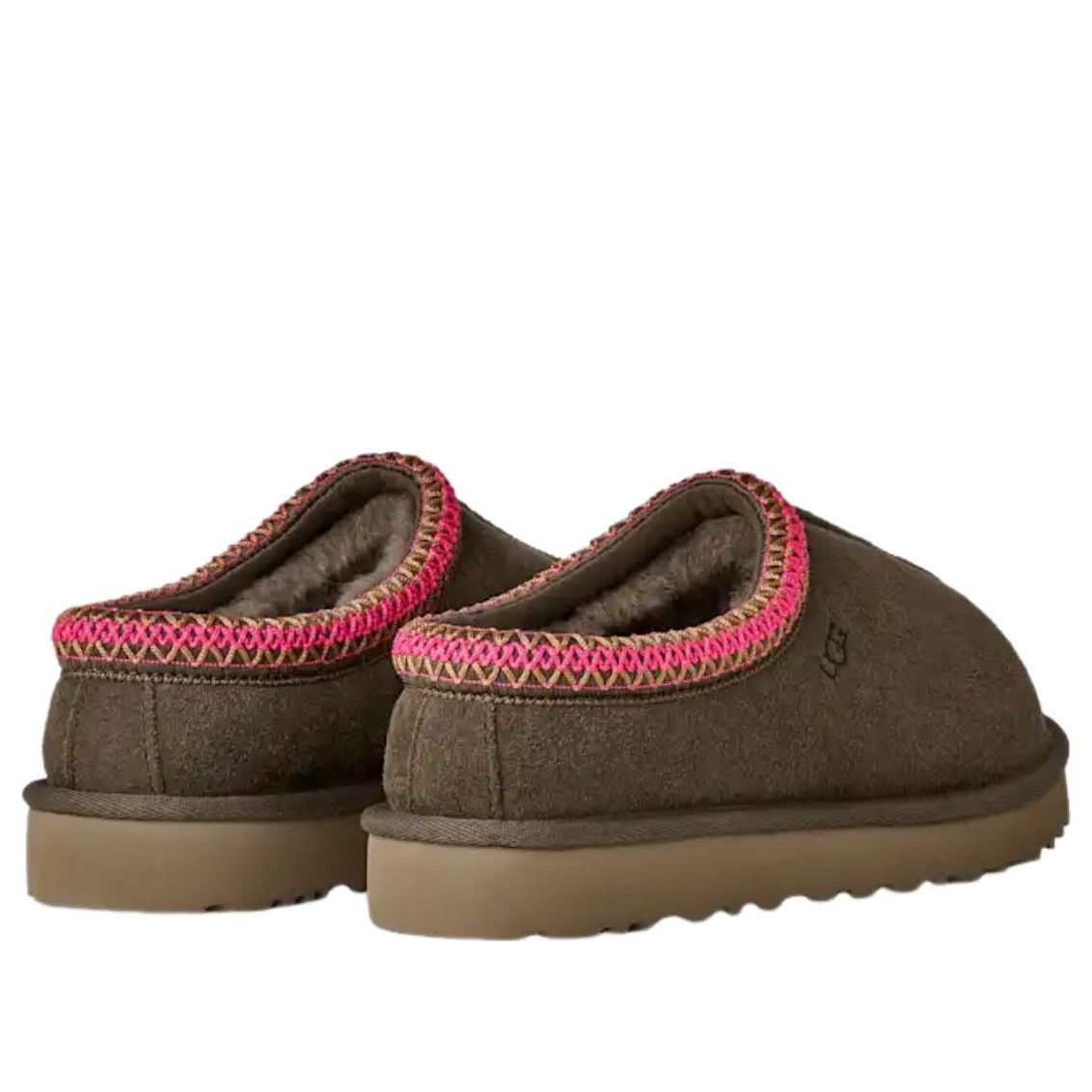 UGG Tasman II Slipper Dense Smoke, paar samen van achteren met roze en goud gebreide afwerking