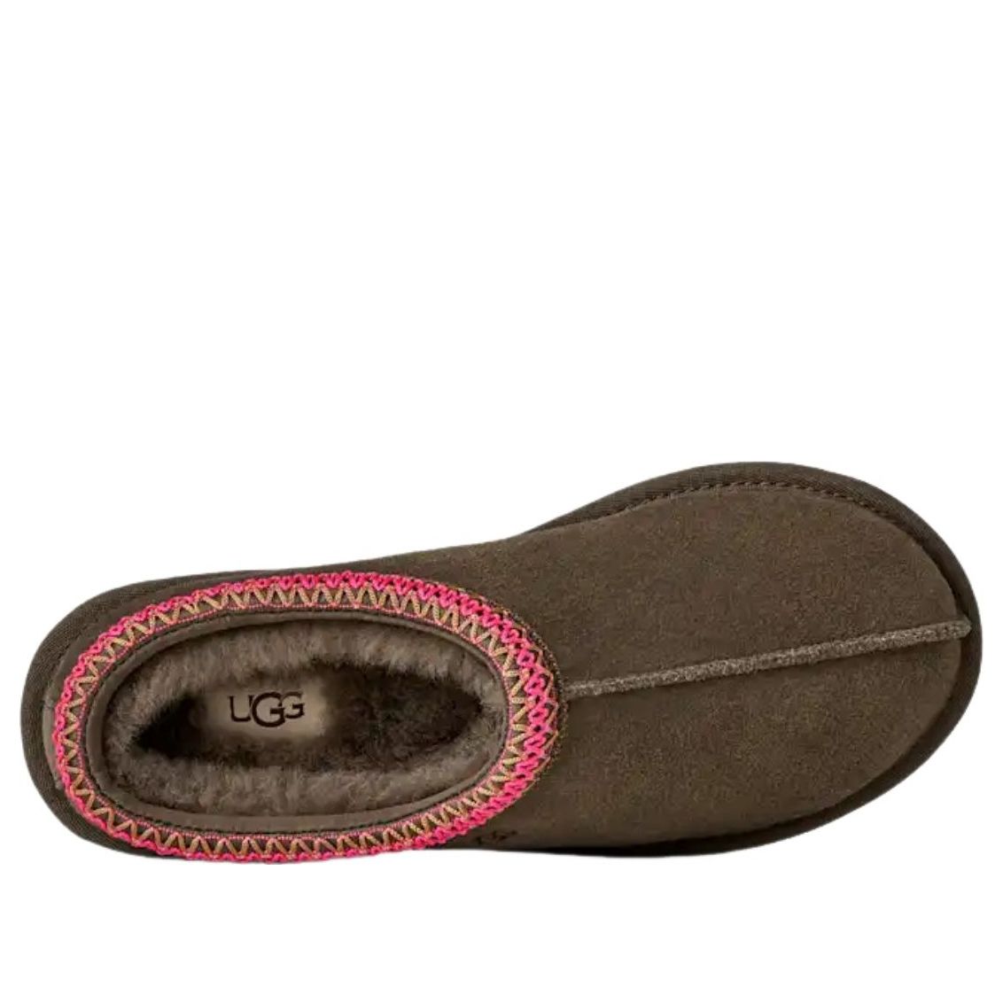 UGG Tasman II Slipper Dense Smoke, bovenaanzicht toont UGG-logo en fleecevoering met roze randbinding