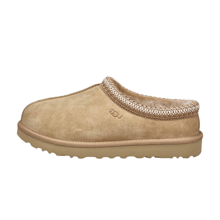 UGG Tasman II Slipper Driftwood, zijaanzicht met suède voorkant en gebreide kraag