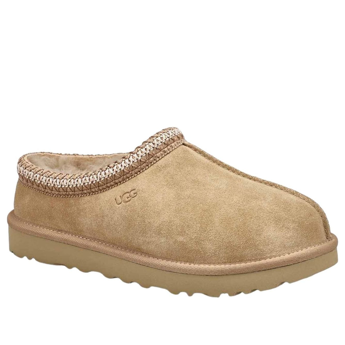 UGG Tasman II Slipper Driftwood, driekwart aanzicht met gebreide kraag en logo
