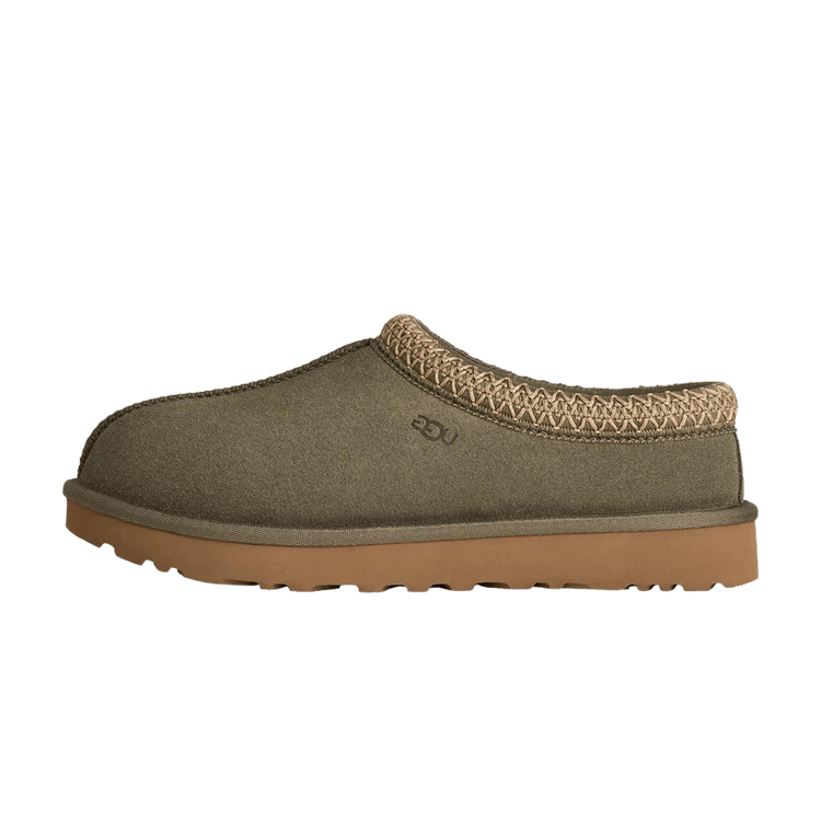 UGG Tasman II Slipper Moss Green zijaanzicht, wollen upper met gebreide rand en bruine rubber zool