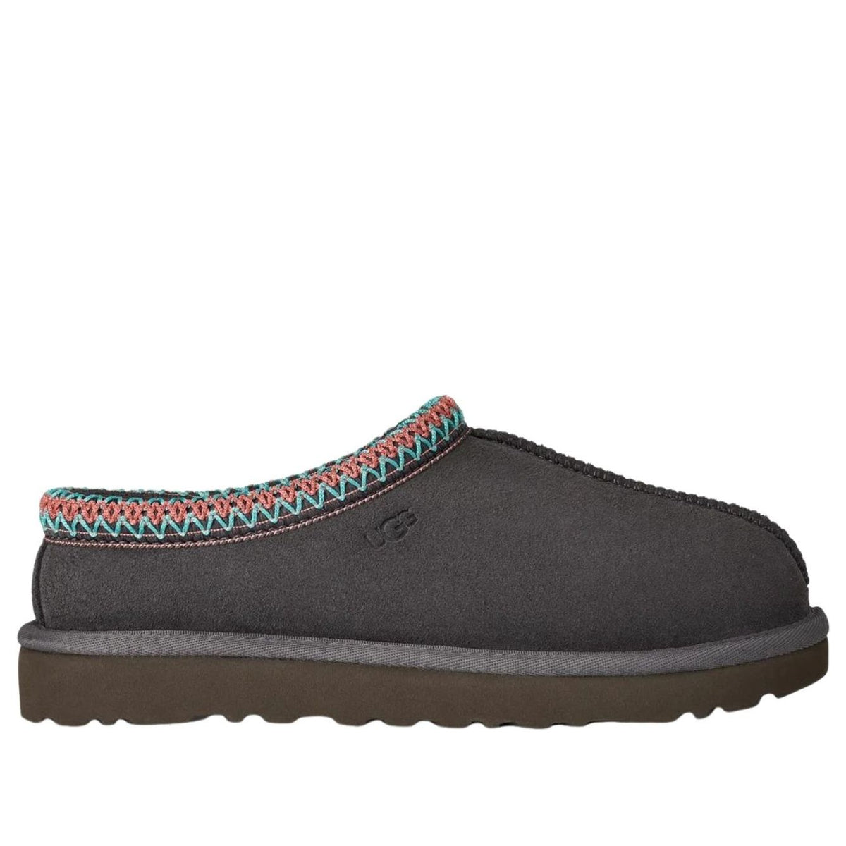 UGG Tasman II Slipper Dark Grey vooraanzicht met gekleurde gebreide rand en bruine luchtblaaszool