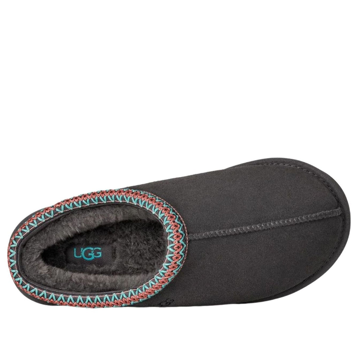 UGG Tasman II Slipper Dark Grey bovenaanzicht openend leer met UGG logo en donkergrijs bont voering