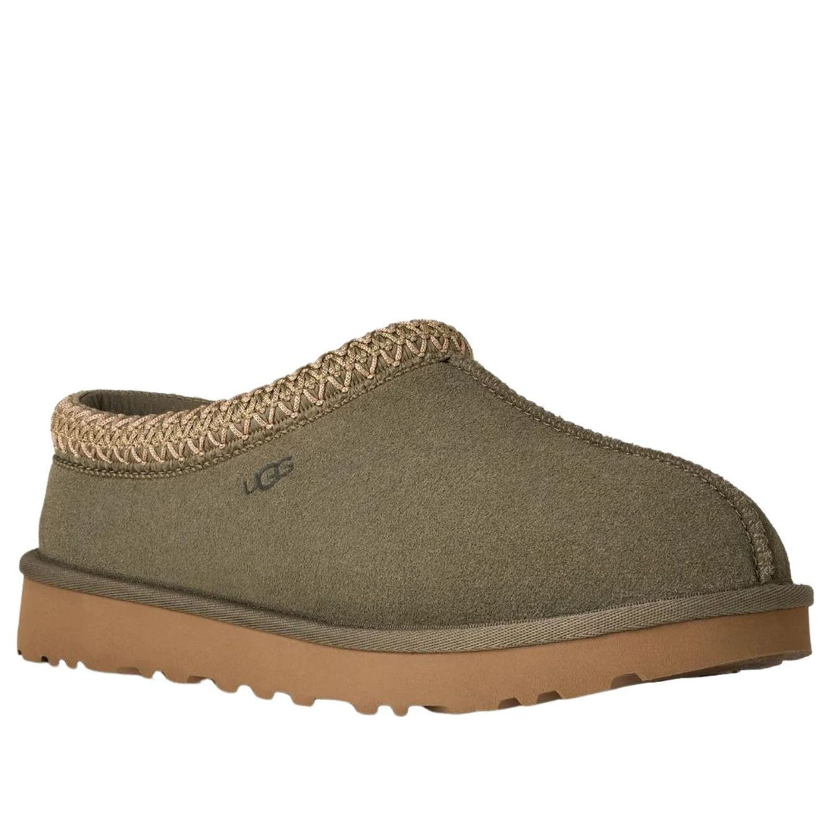 UGG Tasman II Slipper Moss Green driekwart aanzicht met zichtbare gebreide hals en fleece voering