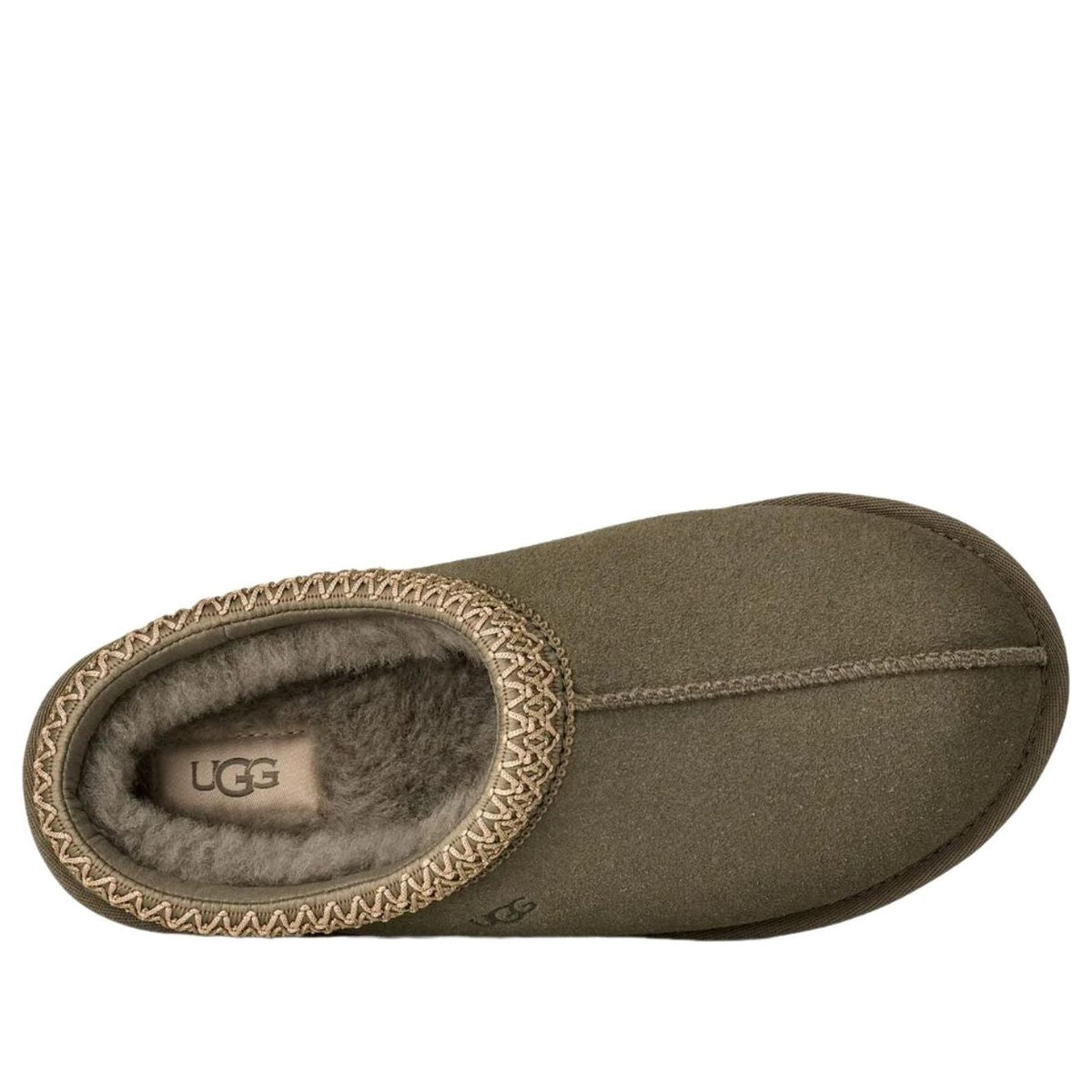 UGG Tasman II Slipper Moss Green bovenaanzicht, fleece voering en UGG logo zichtbaar