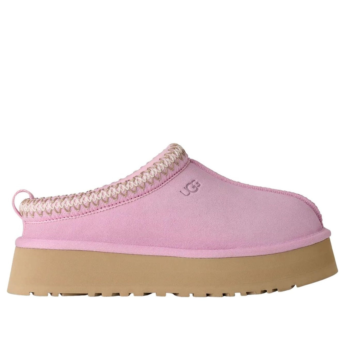 UGG Tazz II Slipper Pink Diamond, driekwart aanzicht met roze bovenwerk en dikke beige zool