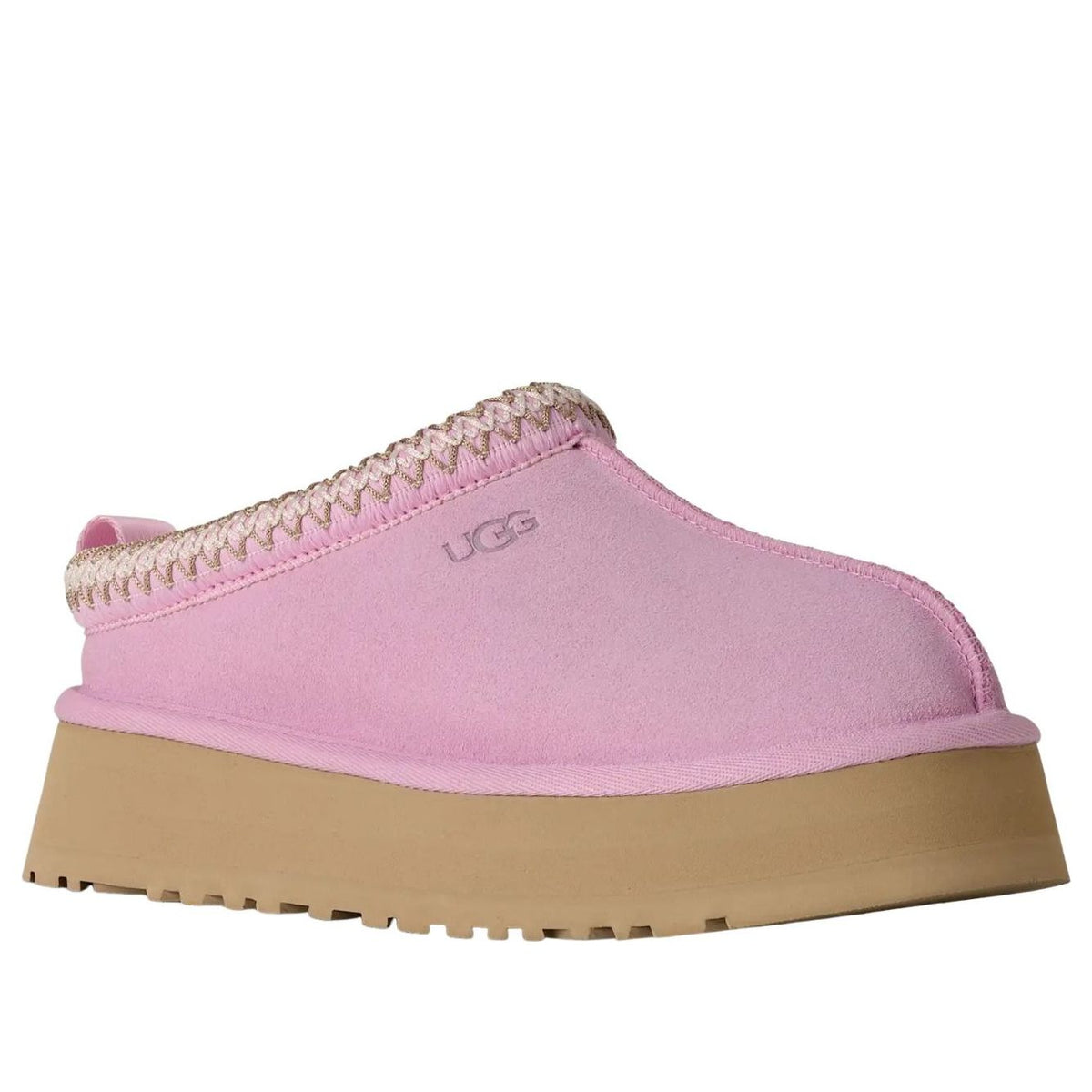 UGG Tazz II Slipper Pink Diamond, vooraanzicht toont UGG-logo en gebreide rand rond opening