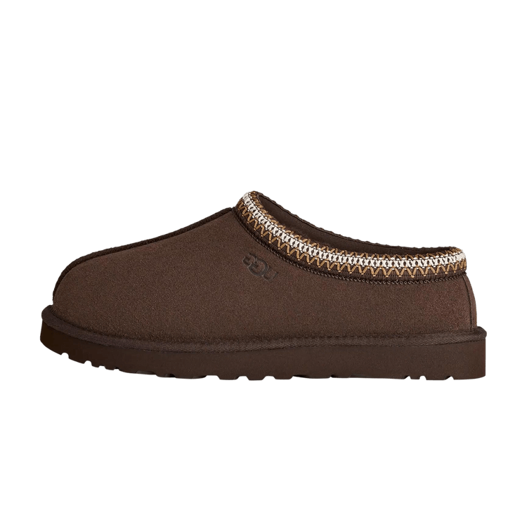 UGG Tasman II Slipper Dusted Cocoa, zijaanzicht met bruine suède, gekleurde stiksels en rubberezool