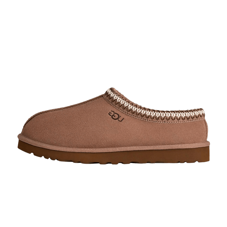 UGG Tasman II Slipper Rocky Oak zijaanzicht met gebreide rand en bruine zool