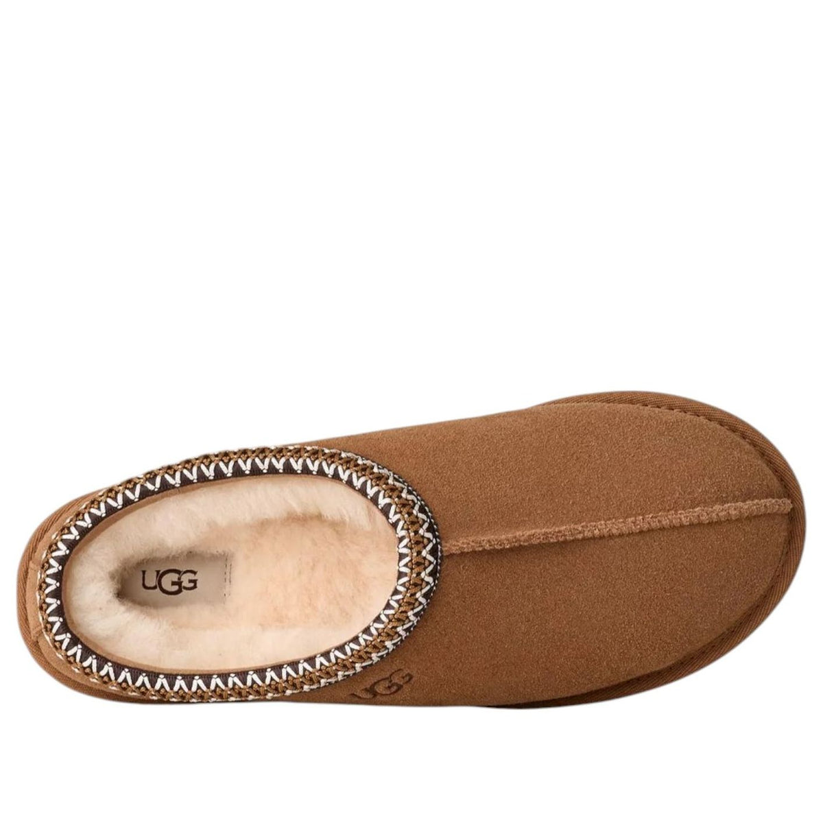 UGG Tasman II Slipper Chestnut, bovenaanzicht opengevouwen met UGG-logo en witte fleece