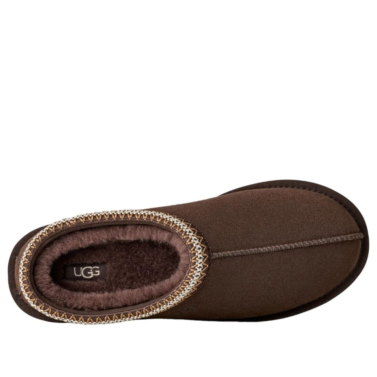 UGG Tasman II Slipper Dusted Cocoa, bovenaanzicht toonend UGG-logo en fleece binnenwerk
