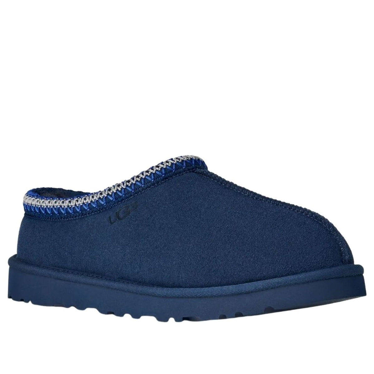 UGG Tasman II Slipper Deep Ocean, vooraanzicht met gebobbelde zool en gebreide kraag