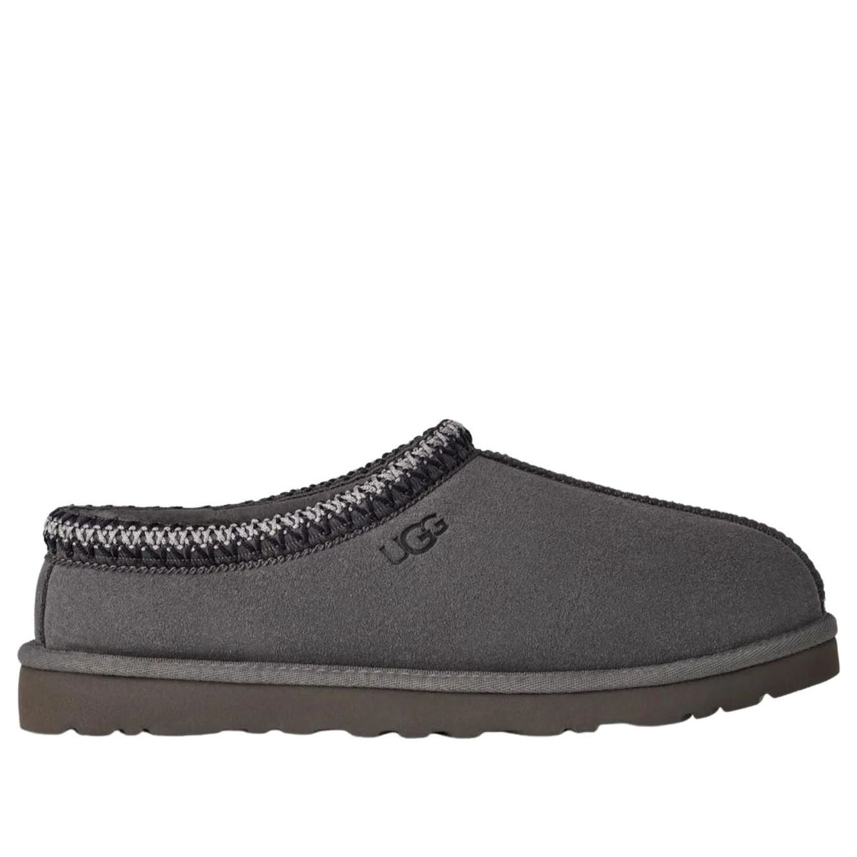 UGG Tasman II Slipper Dark Grey, zijaanzicht met grijze suède en bruine rubberring