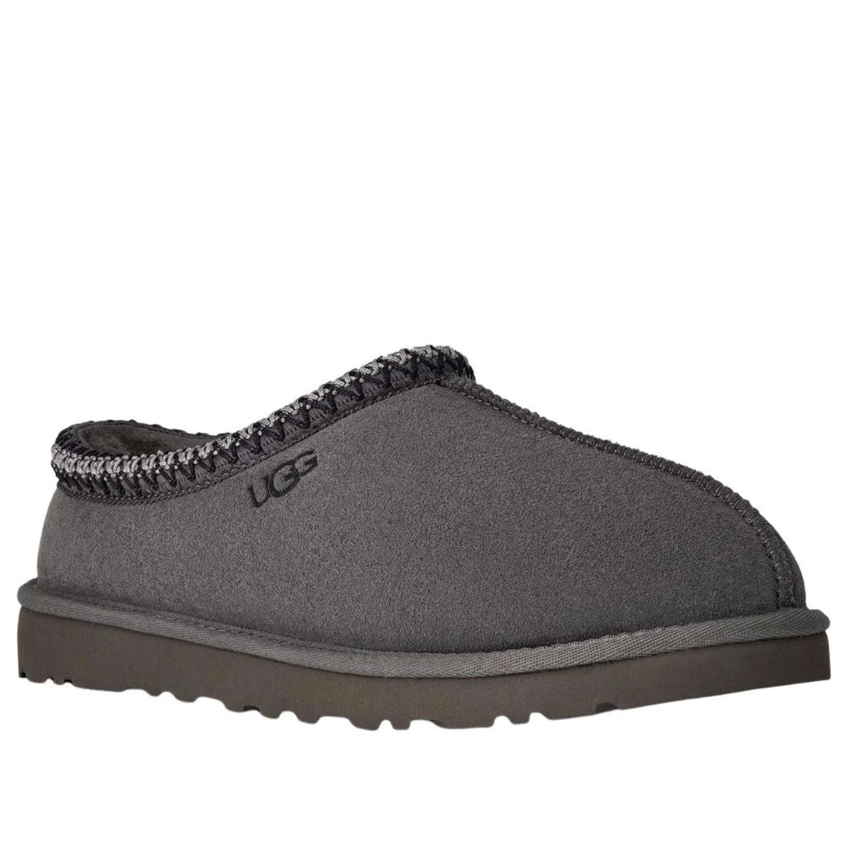 UGG Tasman II Slipper Dark Grey, driekwart aanzicht met UGG-logo, wollen voering zichtbaar