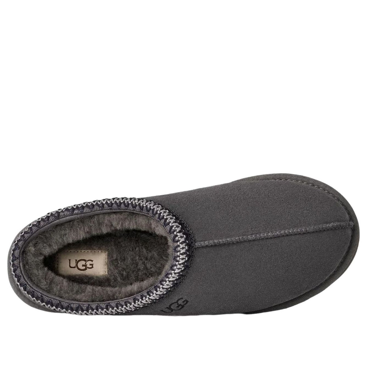 UGG Tasman II Slipper Dark Grey, bovenaanzicht toont grijze suède en grijze gebreide rand