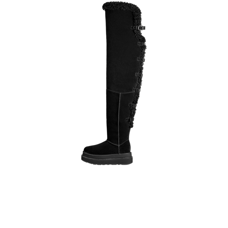 UGG Thigh High Boot sacai Black zijaanzicht met geborsteld suède en metalen gesp details