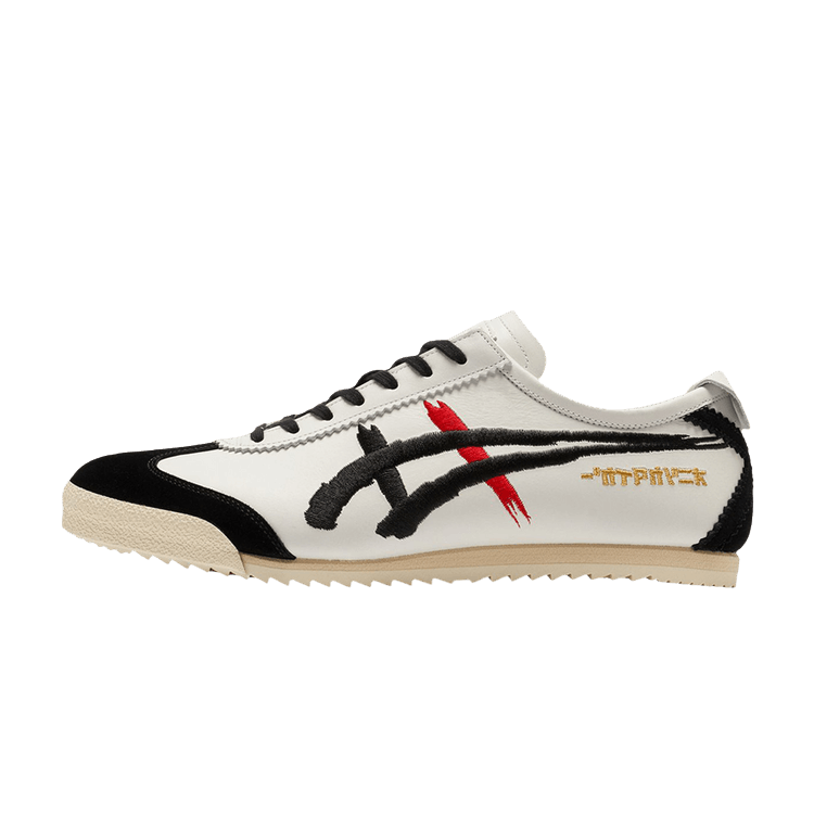 Onitsuka Tiger Mexico 66 Deluxe NM White Black, zijaanzicht met wit leer, zwart en rood accent strepen, zwarte veters