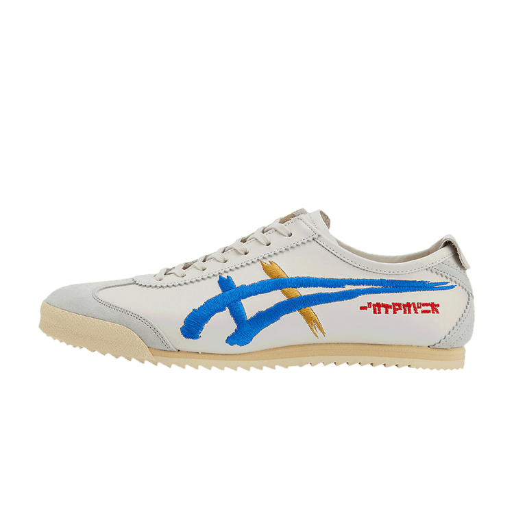 Onitsuka Tiger Mexico 66 Deluxe NM White Directoire Blue zijaanzicht, wit leer met blauw en goud streepdetail, crème zool