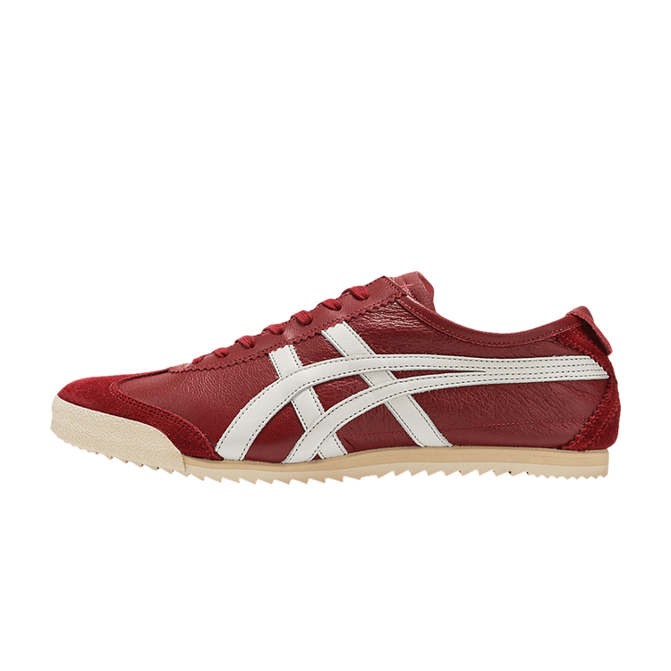 Onitsuka Tiger Mexico 66 Deluxe NM Burgundy White, zijaanzicht met bordeauxrood leer en witte dwarsstrepen