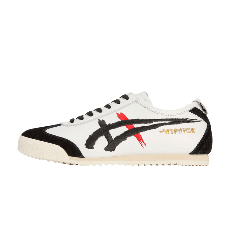 Onitsuka Tiger Mexico 66 Deluxe NM White Black, zijaanzicht met wit en zwart leer, zwarte streep en rood accent