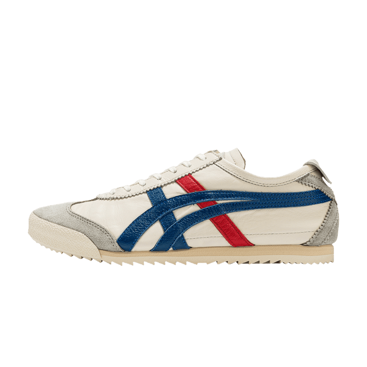 Onitsuka Tiger Mexico 66 Deluxe NM White Deluxe Blue zijaanzicht, crème-witte sneaker met blauwe streepdetails
