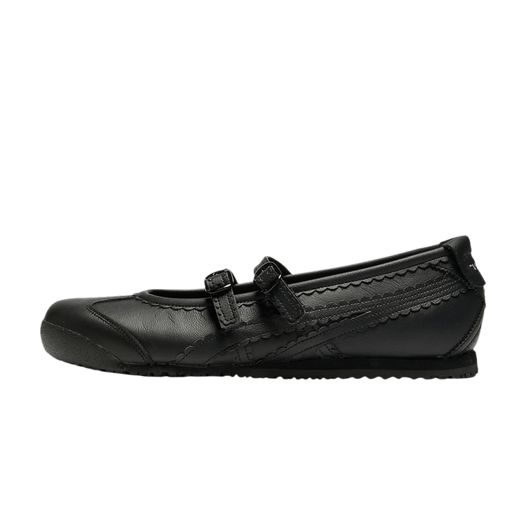 Onitsuka Tiger Mexico 66 TGRS Black, zijaanzicht van een zwarte leren sneaker met gestikt detail en bandjesluiting